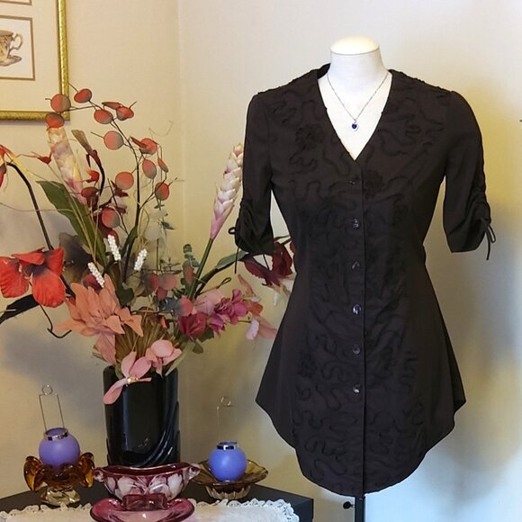NWOT Women's KAPALUA Dark Brown Short Sleeve V-Neck Mini Shirt Dress Size M 6 8 - Picture 6 of 9